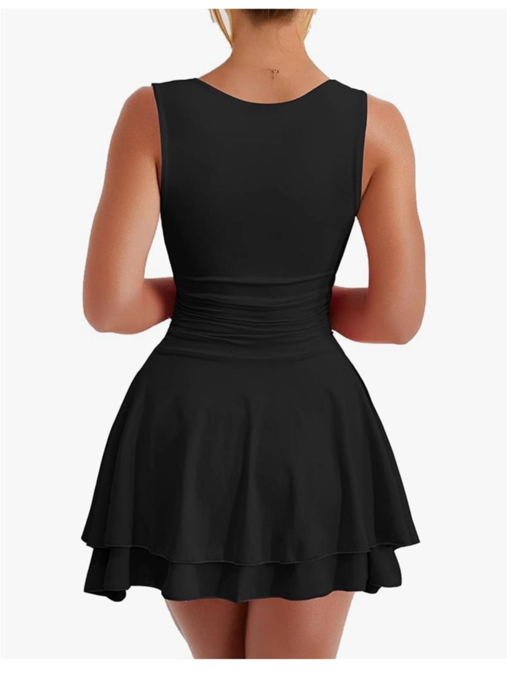 Square-Neck Black Ruffle Hem Mini Dress - Picture 2 of 5